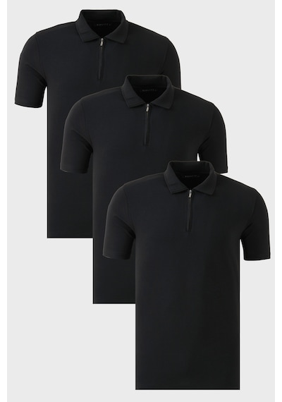 Buratti Streç Pamuklu Regular Fit Yarım Fermuarlı 3'Lü Paket Erkek Polo Yaka T Shirt 5902972S3 Siyah-Siyah-Siyah