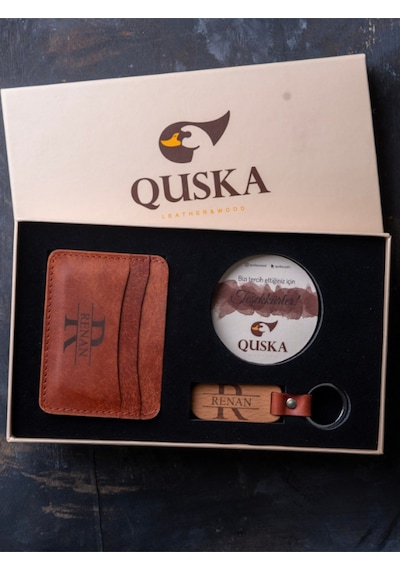 Quska Kişiye Özel İsimli El Yapımı Hakiki Deri Kiremit Kartlık+anahtarlık Hediyelik Set- Grain Minimal Kahverengi