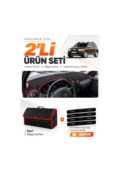 Dacia Duster 1.nesil Makyajsız 2009-2013 Uyumlu Torpido Örtüsü + Deri Çanta Seti - Siyah Kırmızı