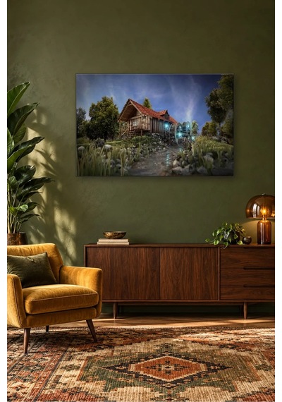 Fida Gece Işıklı Su Değirmenli Ahşap Kulübe Canvas Tablo