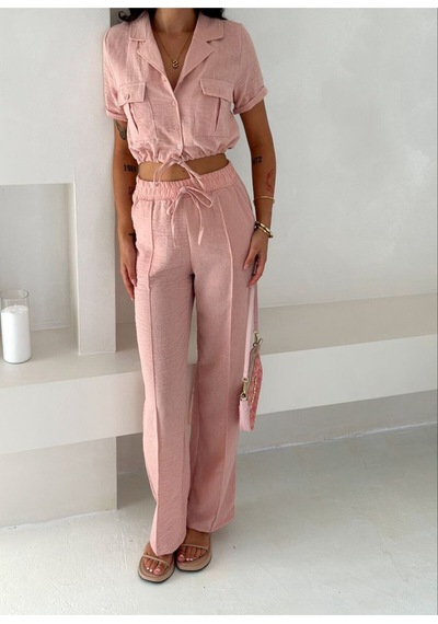 Wellway İthal Keten Kumaş İplik Detaylı Crop Gömlek & Pantolon İkili Takım -pembe Pembe