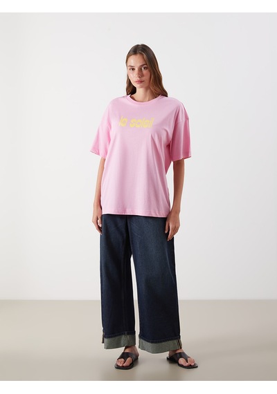 Lcw Vision Pembe Baskılı Oversize %100 Pamuklu Kadın Tişört