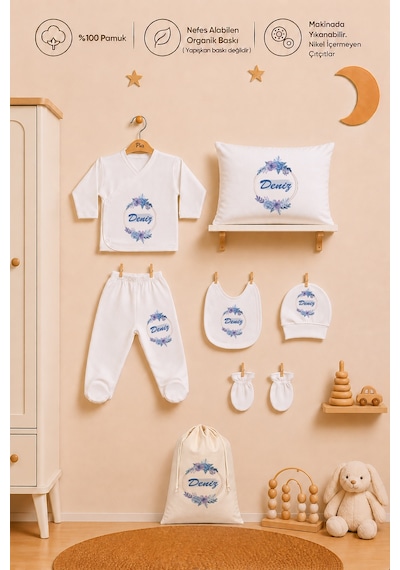 Pia Baby İsimli Erkek Bebek %100 Pamuk Zıbın Set Yastık Kılıfı Battaniyeli Kıyafet Keseli 2044zybk0x Ekru
