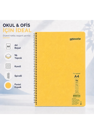 Mynote Flex Pastel A4 96 Yaprak 60 Gr Spiralli Kareli Defter Sarı