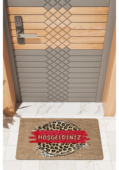 Rugmood Modern Dijtal Baskı Kırmızı Hoşgeldiniz Leopar Kapı Önü Paspası Çok Renkli