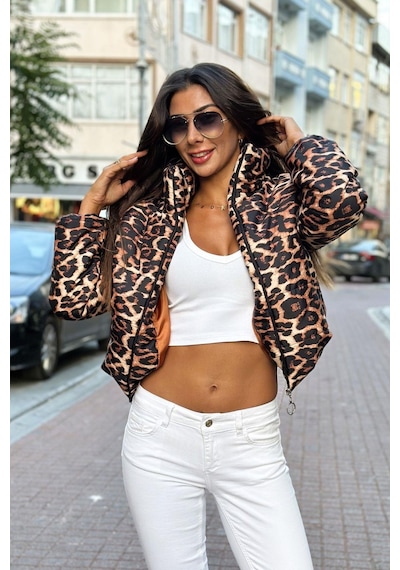 Keyifli Moda Kadın Leopar Desenli Dik Yaka Kısa Şişme Mont - 40 Kahverengi