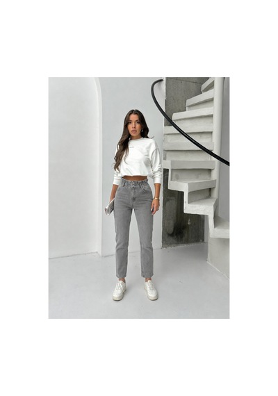Bluemarlin Gri Çift Düğme Kemer Büzgülü Kot Mom Jeans Gri