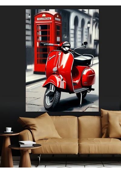 Siyah Beyaz Londra Kırmızı Telefon Kulubesi Ve Scooter Motor Dekoratif Kanvas - Mdf Ahşap Tablo