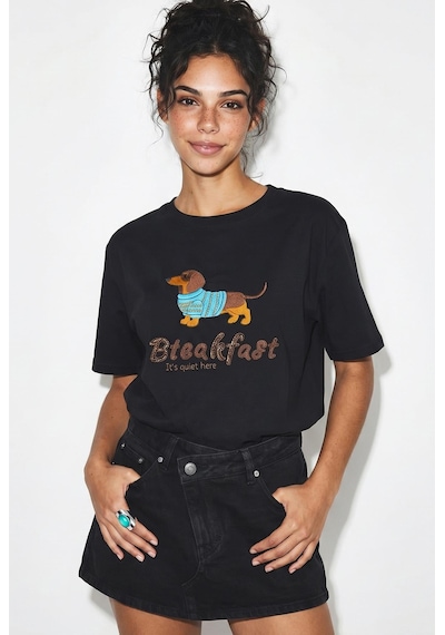 Shade Kadın Bisiklet Yaka Nakış Ve Boncuk İşlemeli Oversize T-shirt 2221 60286122 - Siyah