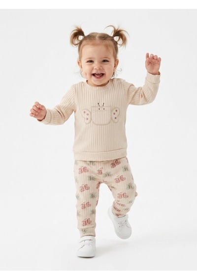 HelloBaby Pamuklu Kelebek Detaylı Taytlı 2li Kız Bebek Takım Krem