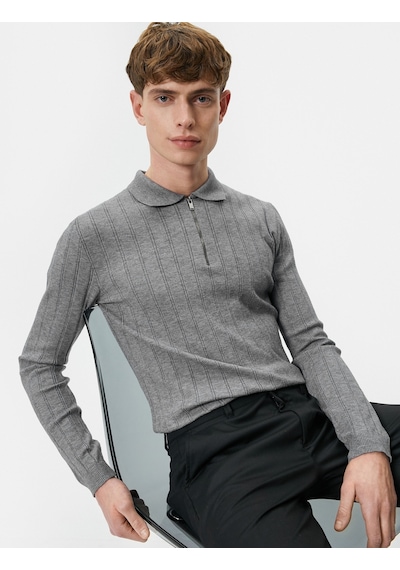 Koton Polo Yaka Kazak Yarım Fermuarlı Slim Fit Dokulu Gri 4wam70125ht Gri