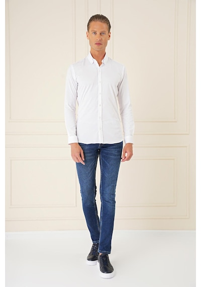 Efor Slim Fit Düğmeli Yaka Esnek Pamuk Klasik Beyaz Gömlek Gk 727 Beyaz