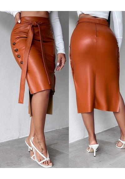 Moderie Butik Kadın Yüksek Bel Kuşaklı Yanlardan Düğmeli Mini Deri Etek Turuncu