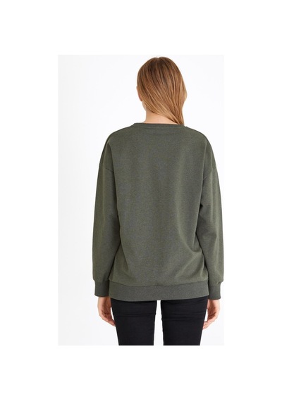 MMetalic Kadın Haki Renk Basic Bisiklet Yaka Sweatshirt