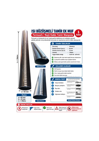 Tamflex 65mm/22mm 1mt Fermuarlı Yer Altı Kablo İçin Isı Büzüşmeli Tamir Ek Muf Borusu 3x25+16 - 3x70