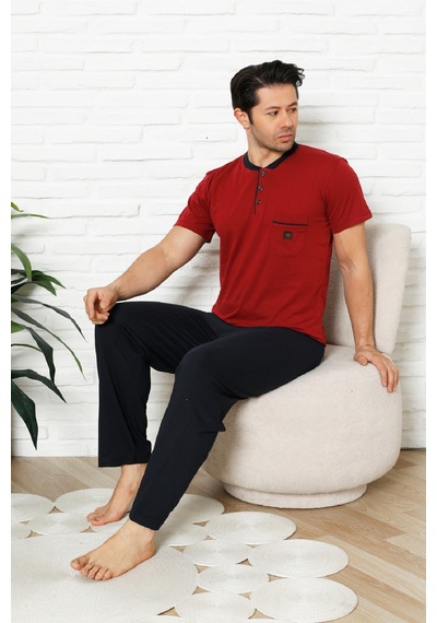 Enisena Erkek %100 Pamuklu Pijama Takımı-3 Düğmeli-yaka Cepli 12384 Bordo