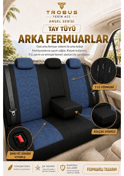 Seat Leon 2005 Ve Sonrası Uyumlu Angel Serisi Tay Tüyü Koltuk Kılıfı Mavi Siyah 05756313