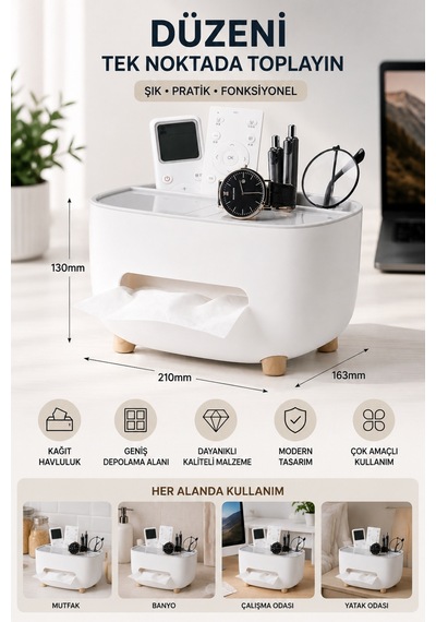 Modern Masaüstü Düzenleyici Kağıt Havluluk Organizer Kumandalık Mutfak Banyo Ofis Kutusu Beyaz