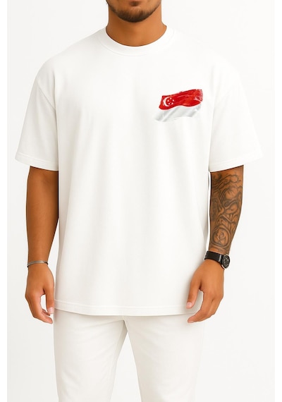Bahriyeli Collection Oversize Kırmızı Ve Beyaz Ülke Bayrağı, Singapur Bayrağı Cep Tasarımlı Unisex T-shirt Beyaz