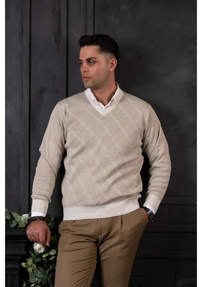 Woolen World Yünlü V Yaka Erkek Triko Kazak 001