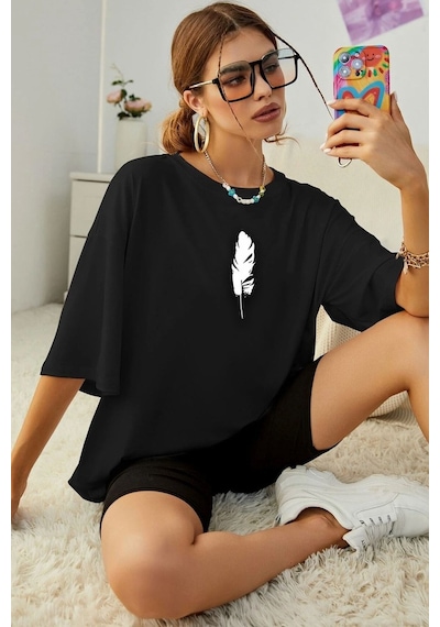 Unisex Tüy Baskılı T-shirt Siyah