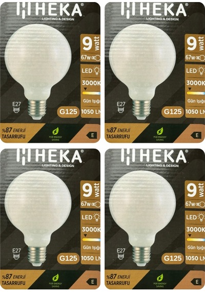 4 Adet Heka 9w 67w 3000k Sarı Işık E27 Duylu Kalın Duy Led Glop G125 Ampul Heka