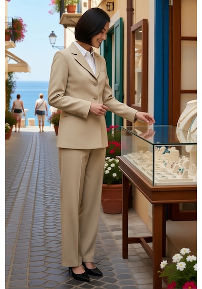 Benerly Kadın Büyük Beden Ceket Yaka Uzun Kol Fitted Blazer Pantolon Takı Bej