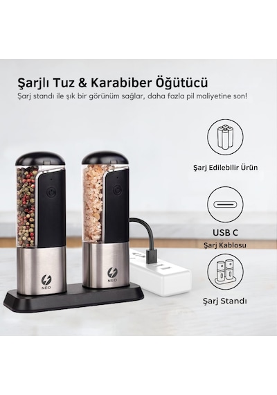 Neo Elektrikli Otomatik Tuz Ve Baharat Öğütücü Şarjlı Değirmen
