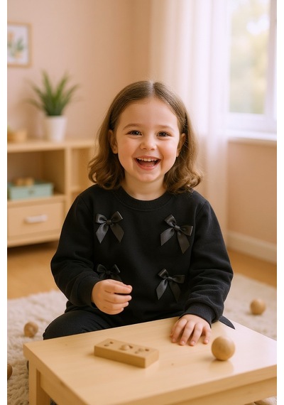 Kurdeleli Kız Çocuk Sweatshirt SiYAH