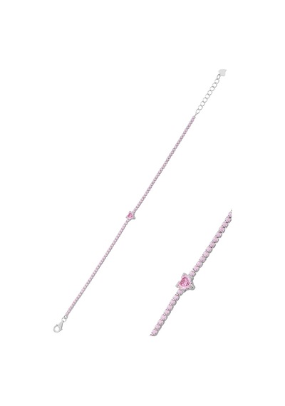 Gümüş Rodyumlu Pembe Taşlı Romantik Kalp Su Yolu Bileklik Barcode Gümüş