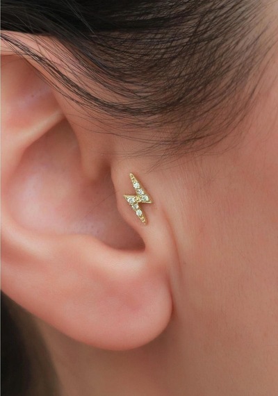 14 Ayar Altın Taşlı Şimşek Tragus Piercing Sarı