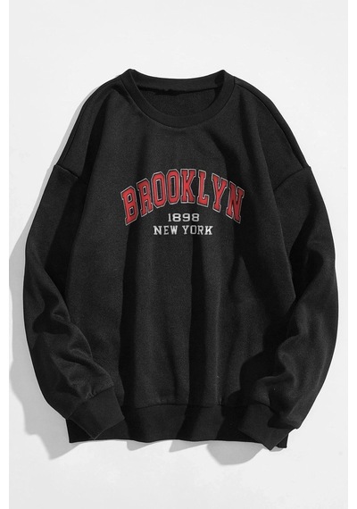 Tarzsokak Erkek Siyah Ters Brooklyn Baskılı Kapüşonlu Sweatshirt