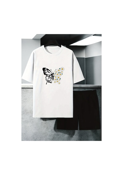 Uyguntarz Unisex Papatya Kelebek Tasarım Basklı Tshirt Şort Takımı Beyaz