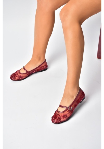 Fox Shoes Y726330115 Bordo İnci Detaylı File Kadın Babet