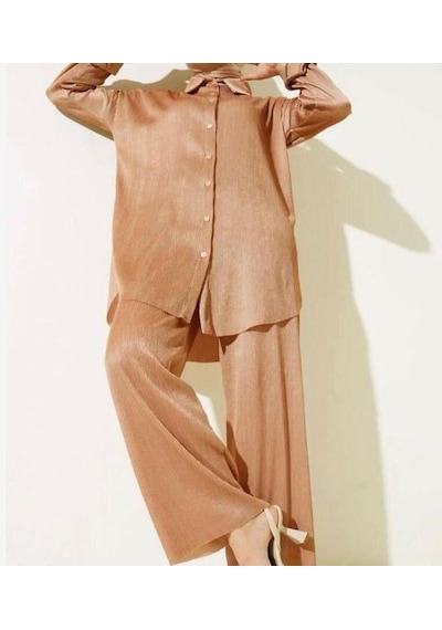 Lovie Moda Kadın Saten Görünümlü Fitilli İkili Takım Bej