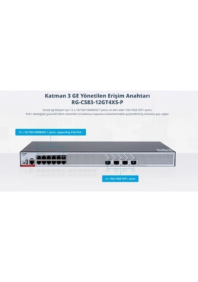 Ruıjıe 8port Rg-cs83-12gt4xs-p Gıgabıt 4-10gbe Sfp+ 370w Layer3 Yönetilebilir Swıtch