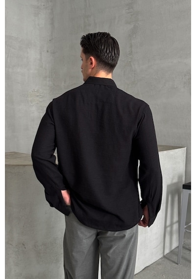 Erkek Oversize Kesim Keten Görünümlü Gömlek Siyah