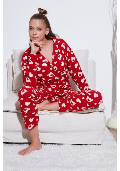 Lela Standart Fit Düğmeli Polarlı Bayan Pijama Takımı 6095617 Kırmızı