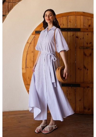 Olcay Kuşaklı Kısa Kollu Çizgili Poplin Elbise Beyaz 9317-e