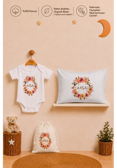 Pia Baby Kız Bebek İsme Özel Hediye Seti %100 Pamuk Body Yastık Kılıfı Ve Ham Bez Bebek Kıyafet Kesesi 2077byk6x Ekru