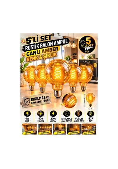 5 Adet Amber Rustik Balon Ampul E27 - Kırılmaz Ampul 4w Sıcak Amber Işık Dekoratif Led Ampul G95 ,dekoratif Ambiyans Ampülü,