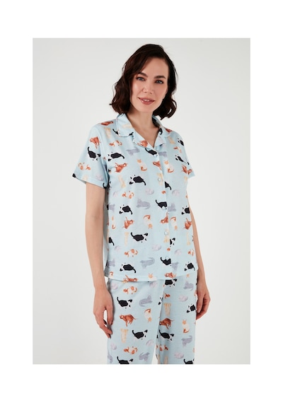 Lela Desenli Kısa Kollu Beli Lastikli Gömlek Yaka Dokuma Regular Fit Bayan Pijama Takımı 6571010 Mint