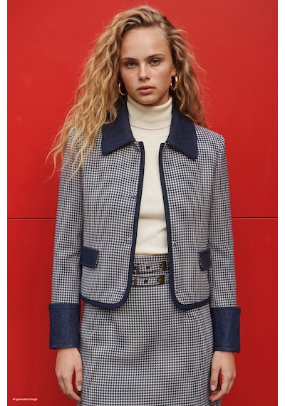 Sateen Kazayağı Desenli Denim Detaylı Ceket - Mavi-137946