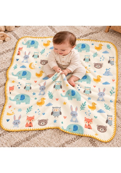 Ay Yıldız ve Hayvan Desenli Çoban Dikişli %100 Polar Bebek Battaniyesi 80x100 CM Oeko-tex Çok renkli