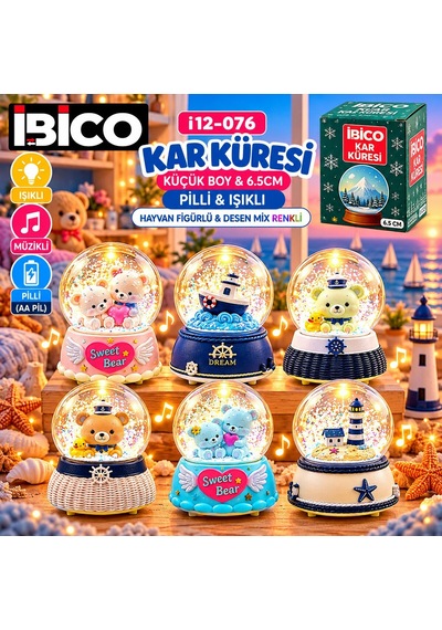 İbico İ12-076 Kar Küresi Cam Renkli 6.5cm Pilli Desen Işıklı Küçük Boy Hayvan Figürlü Metal