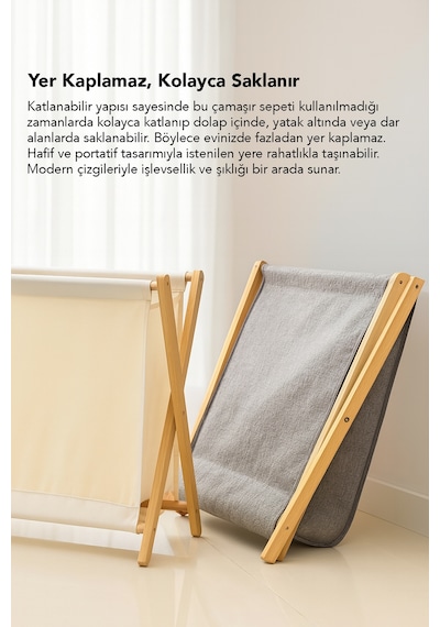 Katlanır Bambu Çamaşır Sepeti - Yıkanabilir İç Hazneli Natural Kirli Çamaşır Sepeti 40 Lt Gri Gri