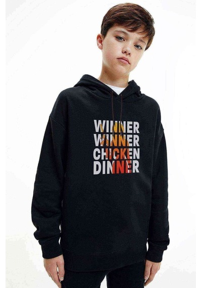 Tshirthane Pubg Wınner Kadın Baskılı Unisex Çocuk Kapüşonlu Siyah Sweatshirt Siyah