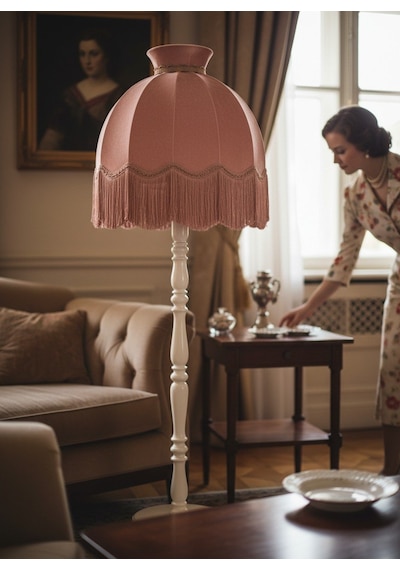 Pembe Kadife Başlık Beyaz Ahşap Ayaklı Taçlı Lambader Vintage Model 50x170cm