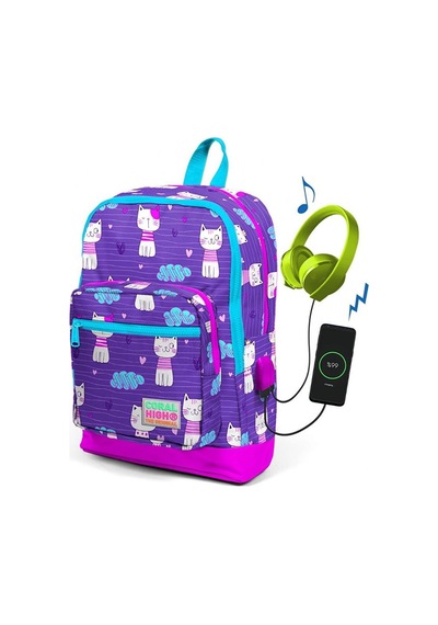 Coral High Kids Mor Kedi Desenli Dört Bölmeli Usb Şarjlı Kulaklık Çıkışlı Okul Sırt Çantası 23264