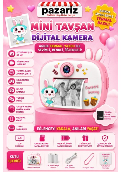 Çocuk Dijital Kamera Tavşan Temalı Termal Yazıcılı 2.4 İnç Ekran Fotoğraf Video Selfie 3 Oyunlu Anında Baskı Makinesi Print Kamera Çift Kamera, Silikon Kılıf Çocuk Dijital Kamera Tavşan Temalı Termal Yazıcılı 2.4 İnç Ekran Fotoğraf Video Selfie 3 Oyunlu Anında Baskı Makinesi Print Kamera Çift Kamera, Silikon Kılıf